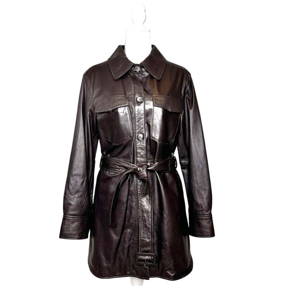 Tahari Liv Genuine Leather Belted Jacket Size Medium Dark Chocolate Brown Lined